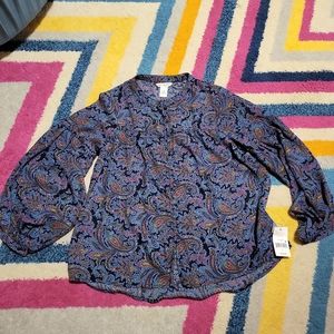 NWT Women's Small Ophelia Roe Paisley Dressy Blouse Tiered Top Blue